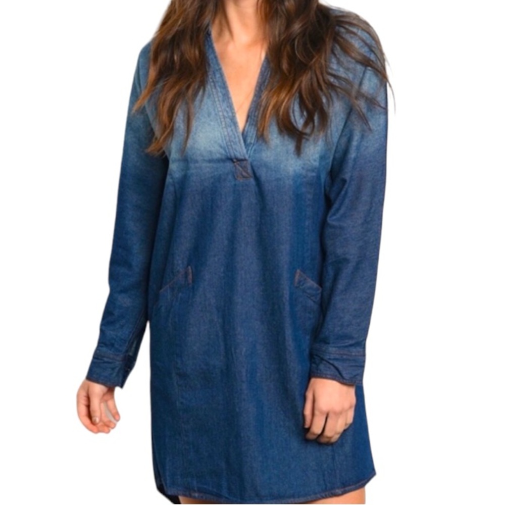 Trendy Boutique Relaxed FIT CHAMBRAY OMBRÉ Long Sleeve V-Neck Pockets Dr…
